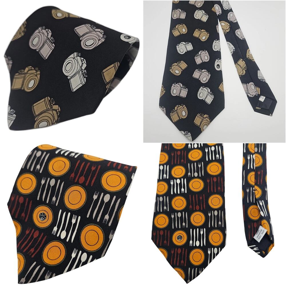 Lot 2 Vicky Davis Mens Silk Ties Novelty Camera Photographer Lunch Time Vintage
